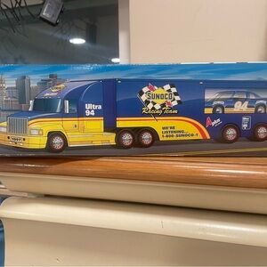 Vintage 1997 Sunoco Racing Team Toy Truck and Car Set - Blue and Yellow